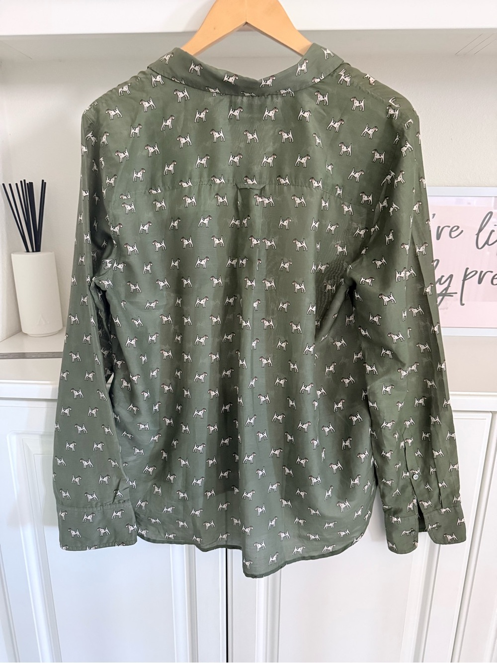 J. Crew Olive Green Dog-Print Women's Blouse - Picture 4 of 6